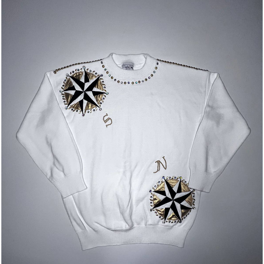 Clodia Dee Sweater Applique Jeweled Cotton Women's Large Beverly Goldberg
